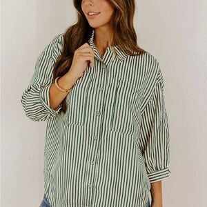 entro Oversized Green & White Striped Button-Down Shirt
